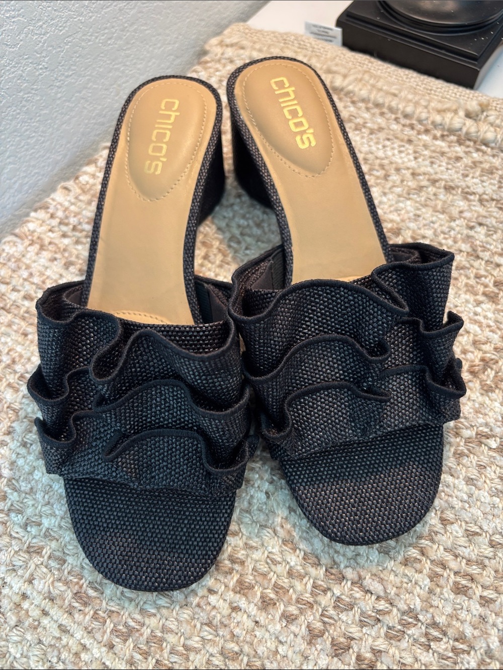 Chico's Black Ruffle Slide Mules